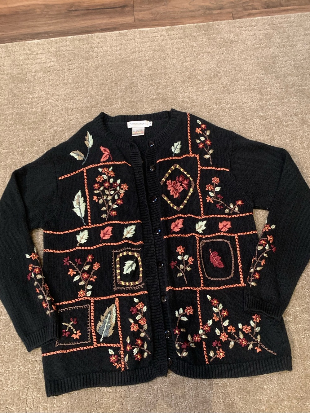 Vintage Black Embroidered Floral Cardigan Sweater